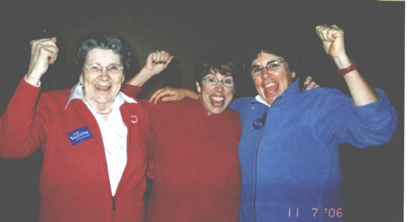 Jubilance shows on the faces of Mary Valentine, center, her mother, Phyllis Hostetler, 90, and sister, Margaret Hostetler, after the vote count showed she upset a two-term Republican. (Photo by Katy Bryant)