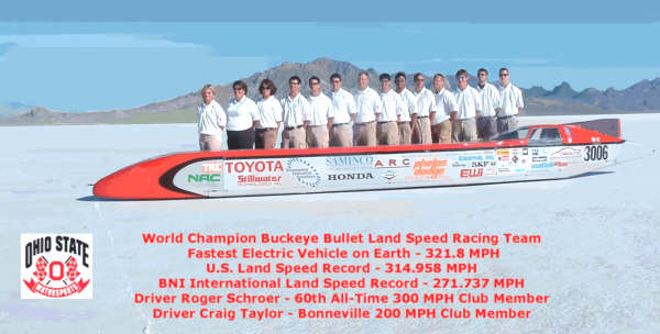OSU's undergraduate engineering team that designed and tested the world's fastest electric car pose at Bonneville Salt Flats in Utah.