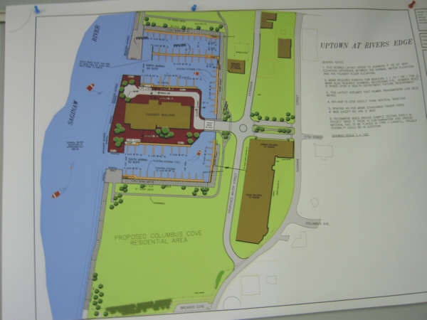 Graphic shows marina surrounding existing IB Foundry Building on an island accessed by the new 11th Street entrance.