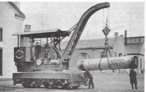 Huge steam railroad crane of Industrial Works at work at U.S. Navy Yard in Washington, D.C.