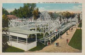 The Wenona Beach Jackrabbit was installed in 1914 and got more and more rickety as it clanked through the years carrying thrill-seeking passengers on its roller coaster course through the trees.